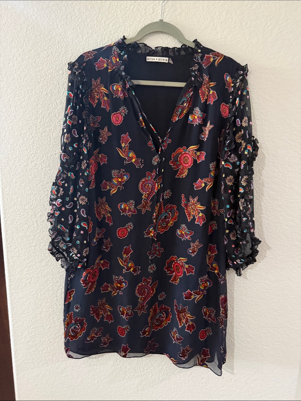 Alice + Olivia Navy Floral Ruffled Peasant Tunic